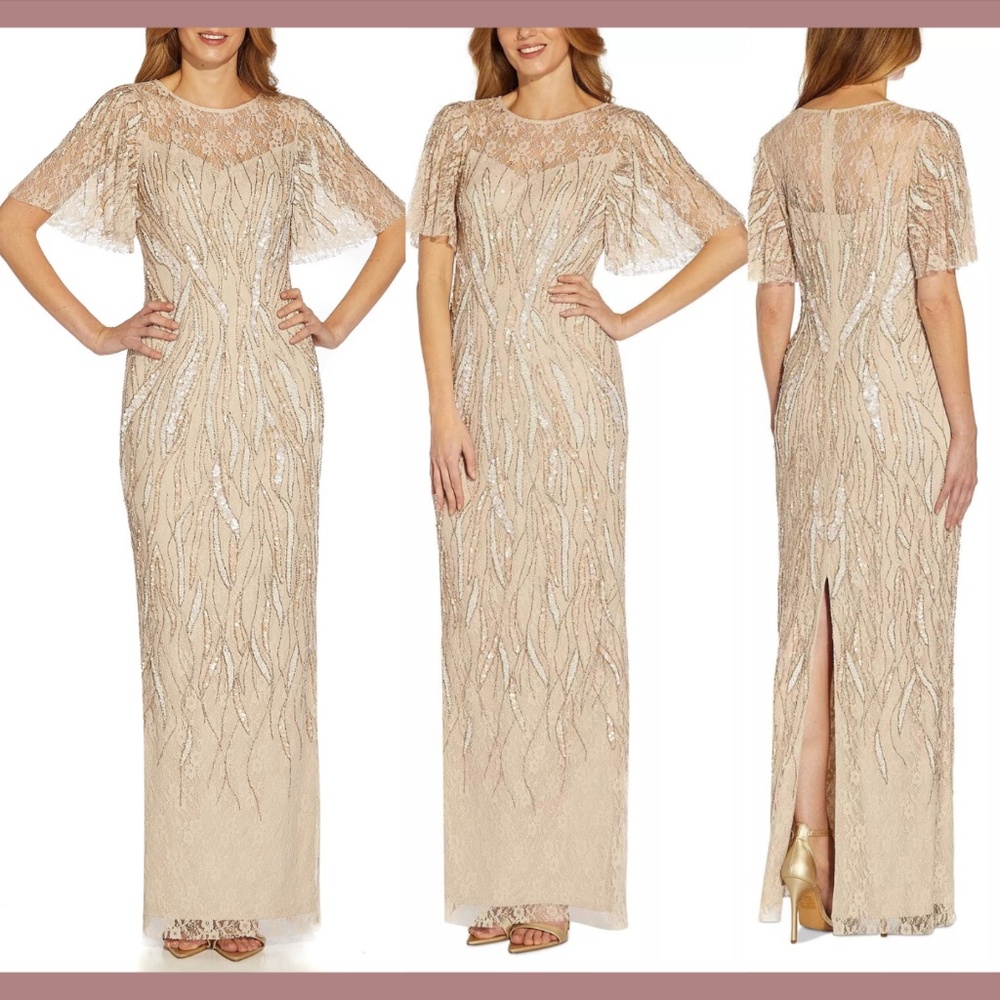 NWT $349‎ Adrianna Papell [ Petite 8P ] Embellished Lace Gown in Biscotti Cream
